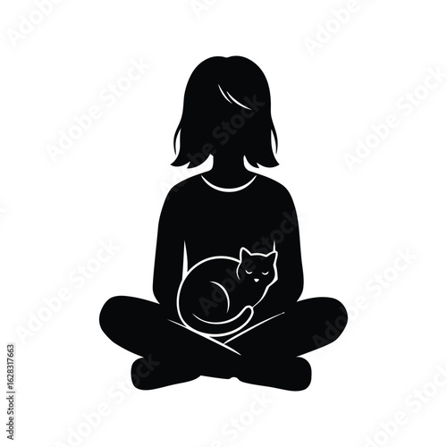 Silhouette of girl in lotus position holding a sleeping cat peaceful meditation yoga pet zen