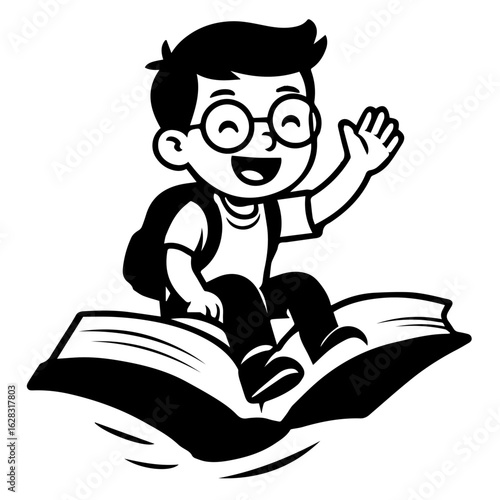 Happy Schoolboy Flying on Book Cartoon Vector Illustration