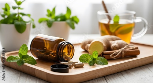 Natural remedies Close-up of amber glass bottle with capsules and fresh mint leaves next to ginger root and cinnamon stick on a wooden tray with a cup of herbal tea in the background