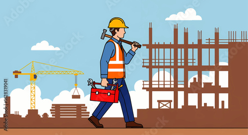 Skilled builder in safety gear walking on a construction site with a building frame and crane in the background.