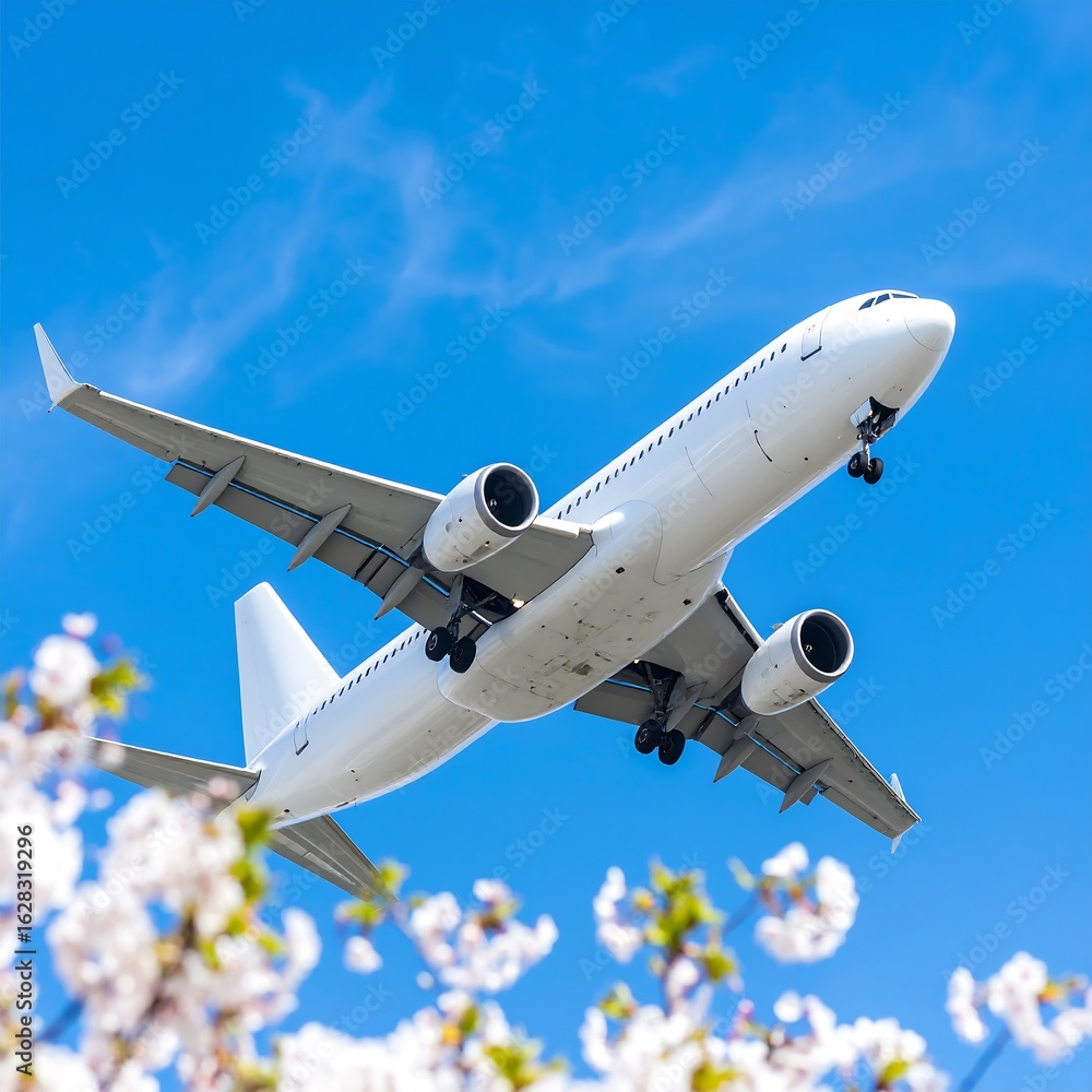 Fototapeta premium White airplane soaring above cherry blossoms