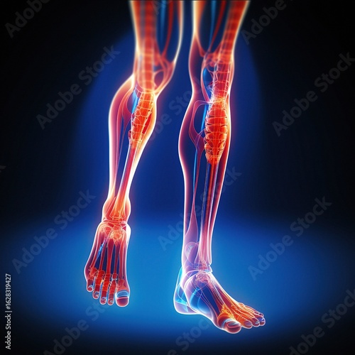 Three-dimensional graphic of a man's leg anatomy showcasing muscles and skeletal structure in detailed view
