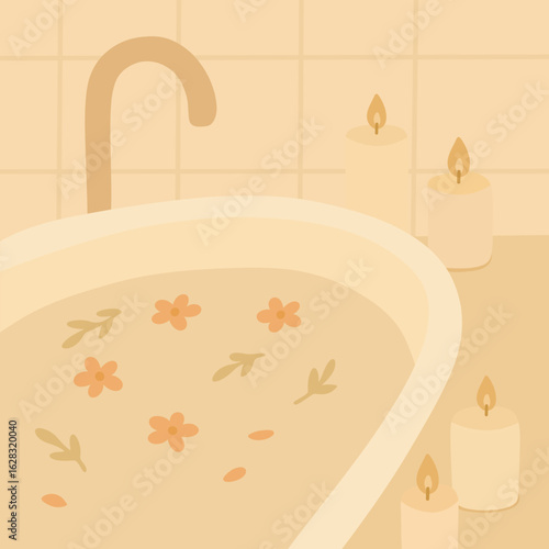 A relaxing hot bath scene with flower petals floating in the water and lit candles creating a spa-like atmosphere.