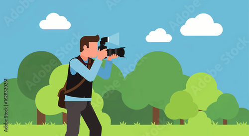 Professional photographer with a digital camera taking pictures in a scenic park. Outdoor photography hobby and career concept illustration.