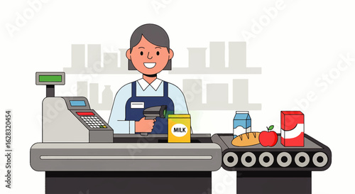 Friendly female cashier scanning groceries at the supermarket checkout counter. A flat vector illustration of a retail worker.