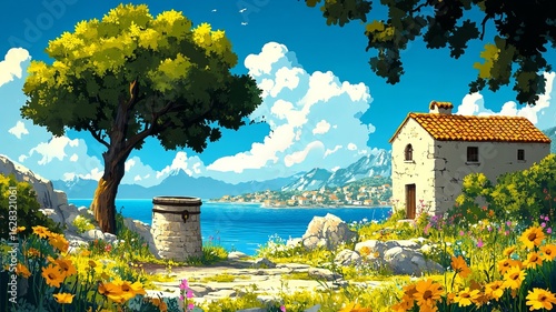 Village Houses Illustration Watercolour Drawing