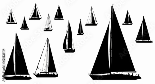 A collection of black sailboat silhouettes, featuring various yacht designs and sizes for regatta or leisure concepts.