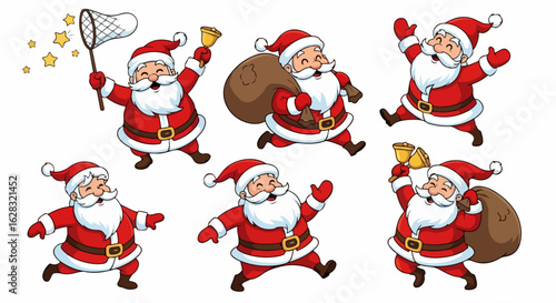 A collection of six cheerful cartoon Santa Claus characters in various dynamic, happy poses.