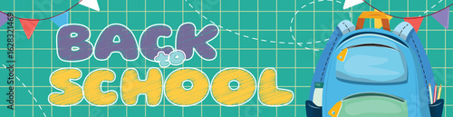 Cartoon back to school poster, yellow and purple letters, backpack, triangle garland, green background