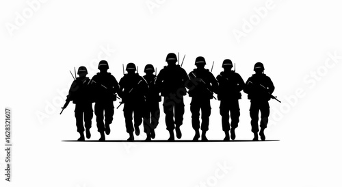 Black silhouette of a military squad of seven soldiers marching forward with rifles.