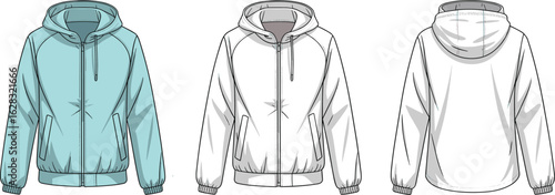 Men’s hooded windbreaker front and back technical drawing, vector fashion flat sketch, lightweight jacket template, zipper closure outerwear, apparel design illustration