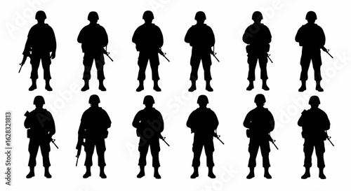 Collection of black silhouettes of armed soldiers in combat gear standing in formation.