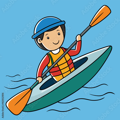 A cartoon boy paddles happily in a bright yellow kayak on a calm blue lake