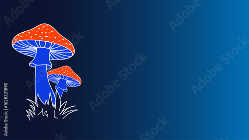 Blue and Orange Mushroom Illustration on Dark Blue Gradient