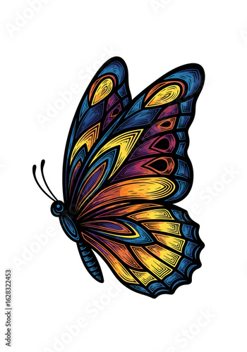 Colorful butterfly illustration with detailed wing patterns in shades of blue, orange, yellow, and purple.