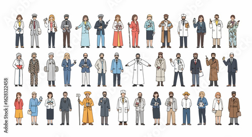 Hand-drawn illustration set of diverse people in various outfits and poses, representing different professions and cultures.