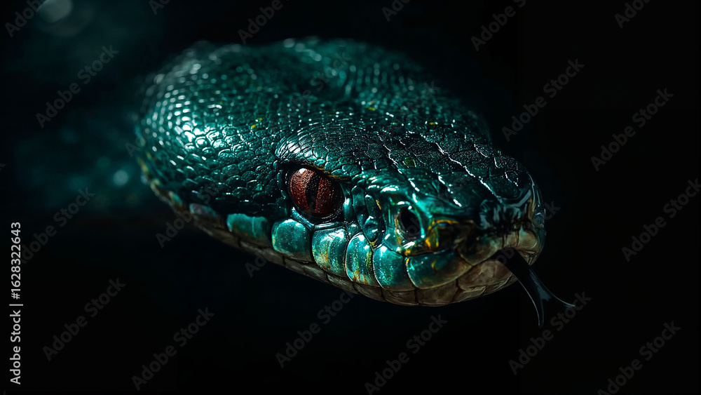Obraz premium Close Up of a Teal Snake Head with Red Eye and Flicking Tongue serpent reptile