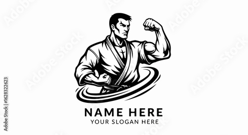 Monochrome illustration of a muscular martial artist flexing his bicep in a powerful pose.