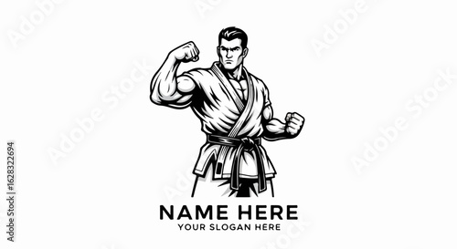 Muscular martial arts fighter in a gi flexing his bicep. Black and white mascot illustration with a determined expression.
