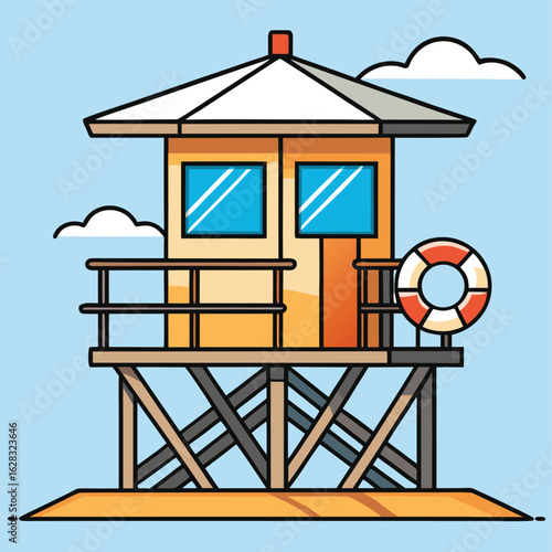  A red lifeguard tower stands prominently against a white background