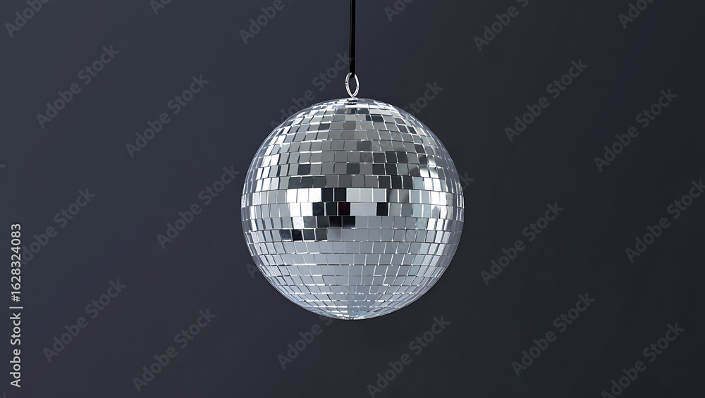 Fototapeta premium Sparkling Disco Ball Hanging Isolated on Dark Gray Background for Party and Entertainment Celebrations Dance Floor Theme