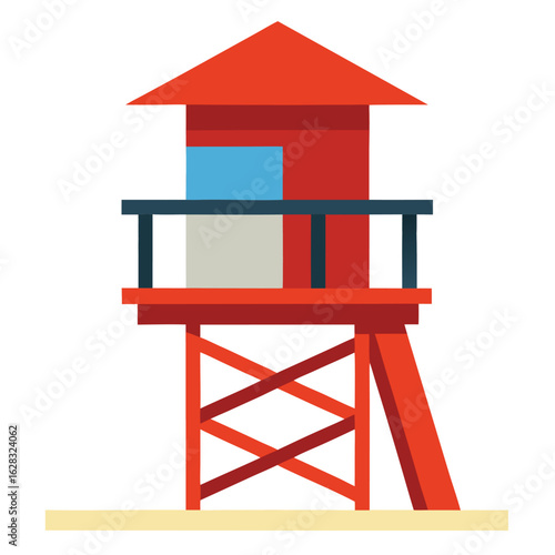  A red lifeguard tower stands prominently against a white background