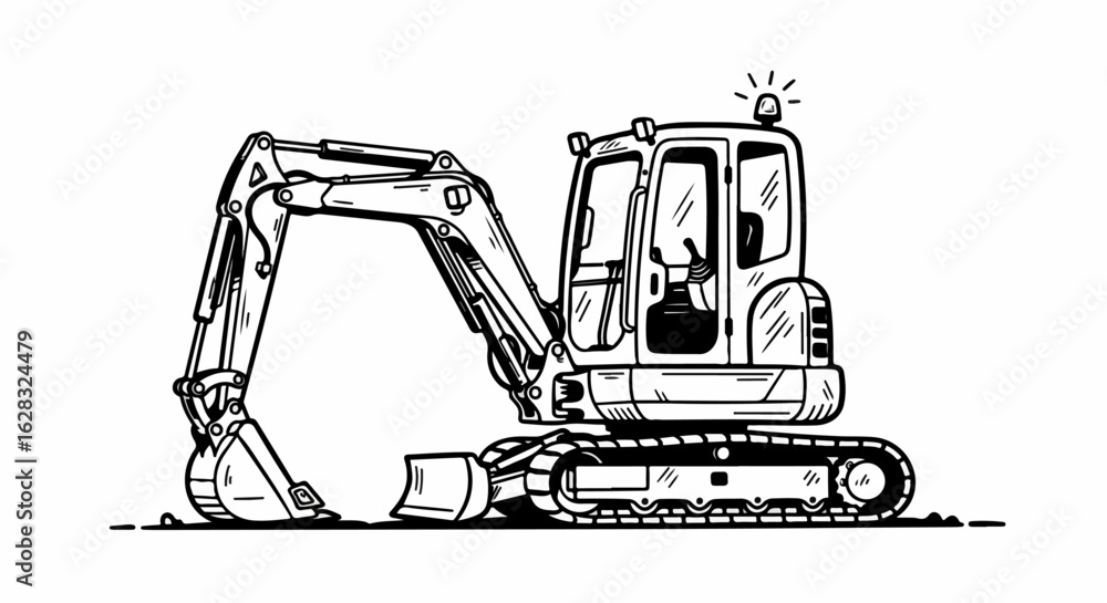 Naklejka premium Hand-drawn mini excavator illustration in a bold black and white line art style, featuring a flashing beacon light and articulated arm.