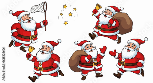 Jolly cartoon Santa Claus character set in various poses, running with a sack, bell, and net.