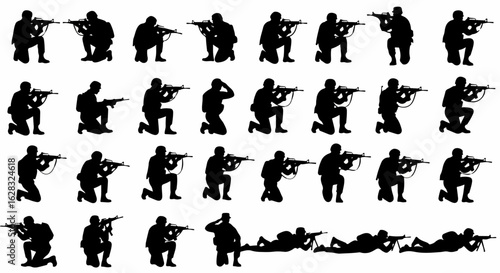 Military soldier silhouettes in various combat poses, kneeling and prone with assault rifles.