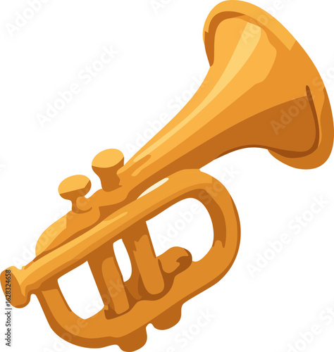 This is a stylized digital illustration of a shiny golden trumpet, viewed at an angle with detailed valves and tubing.