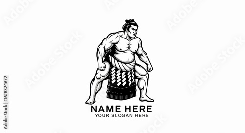 Monochrome illustration of a powerful sumo wrestler in a traditional fighting stance with a chonmage hairstyle.