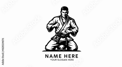 Monochrome vector of a focused martial artist with a black belt, kneeling in a traditional gi with fists raised in a guard pose.