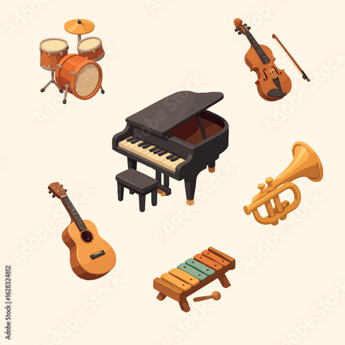 This illustration features a colorful collection of musical instruments, including a drum set, grand piano, violin, guitar, trumpet, and xylophone, arranged in a playful flat cartoon style.