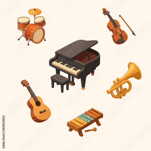 This illustration features a colorful collection of musical instruments, including a drum set, grand piano, violin, guitar, trumpet, and xylophone, arranged in a playful flat cartoon style.