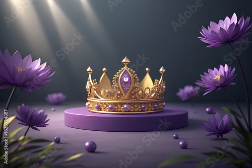 Gold crown with purple jewels on display with purple flowers