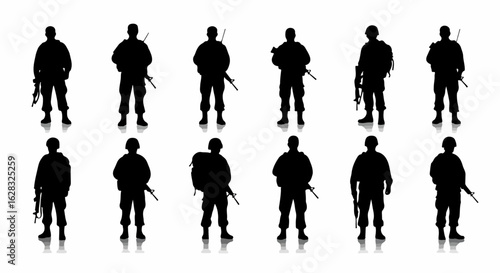 A collection of twelve black silhouettes of armed soldiers in full combat gear, standing with reflections.