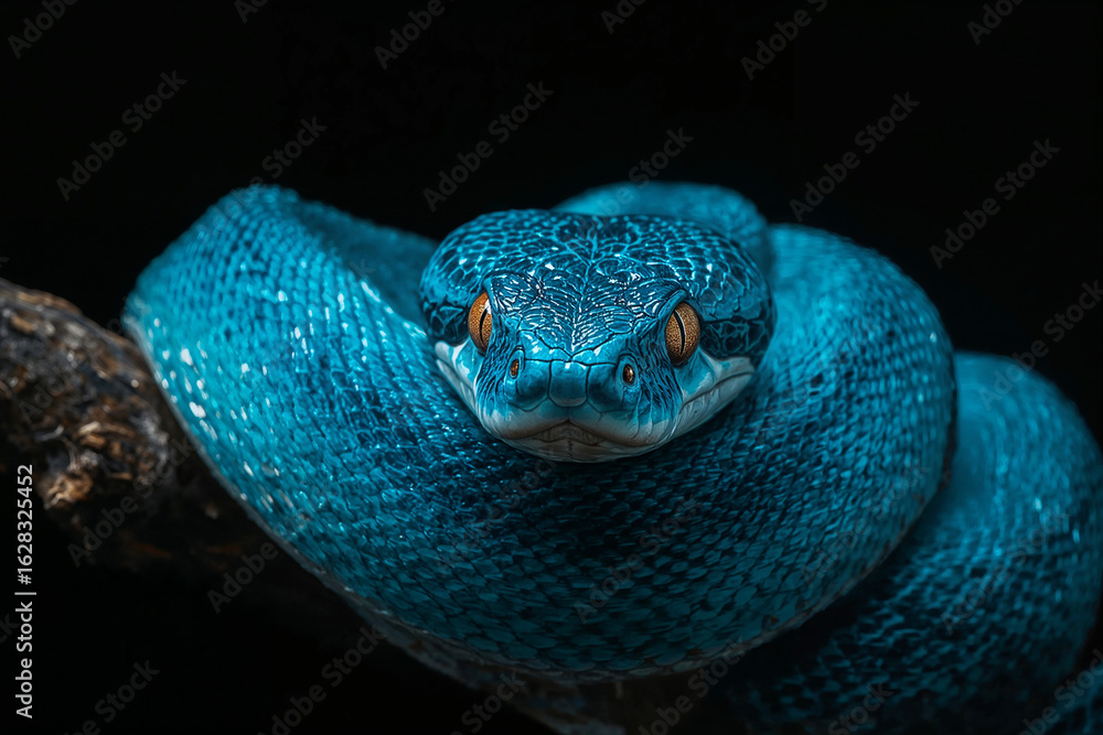 Fototapeta premium Close Up of Blue Pit Viper with Orange Eyes on a Dark Branch blue viper snake