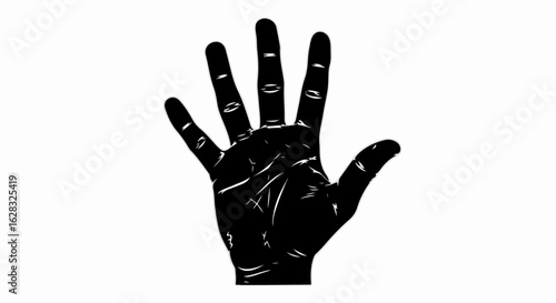 Black and white graphic illustration of an open hand with spread fingers and stylized line details.