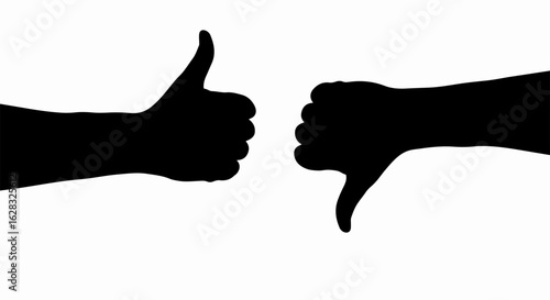 Black silhouettes of two hands showing opposing gestures: thumbs up for approval and thumbs down for disapproval.