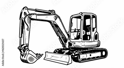Bold black and white line art illustration of a compact mini excavator with a dozer blade and articulated arm.