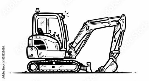 Bold line art illustration of a compact mini excavator with a hydraulic arm and caterpillar tracks, in a hand-drawn style.