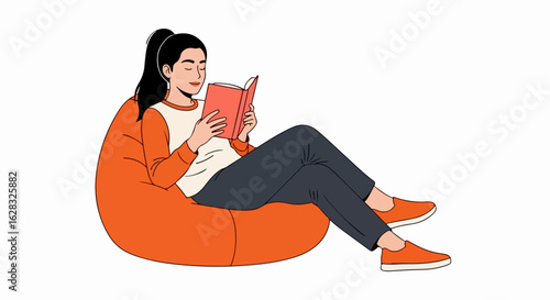 Content young woman with ponytail reading a book, relaxing on an orange beanbag chair.