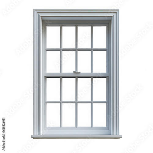 Classic white double hung window with grids isolated on transparent background