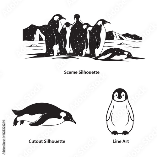 Three Stylized Penguin Graphics, Including an Antarctic Double Exposure