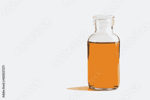 glass flask with orange watercolour solution on gray wooden board near gray concrete wall