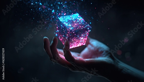 A hand holds a glowing, cubic prism.  Particles of light surround the cube