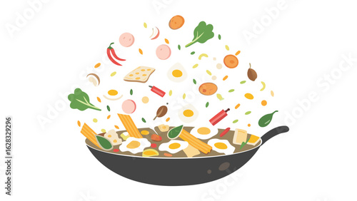 Illustration of a wok filled with food and ingredients floating above it in a colorful display of cooking 100