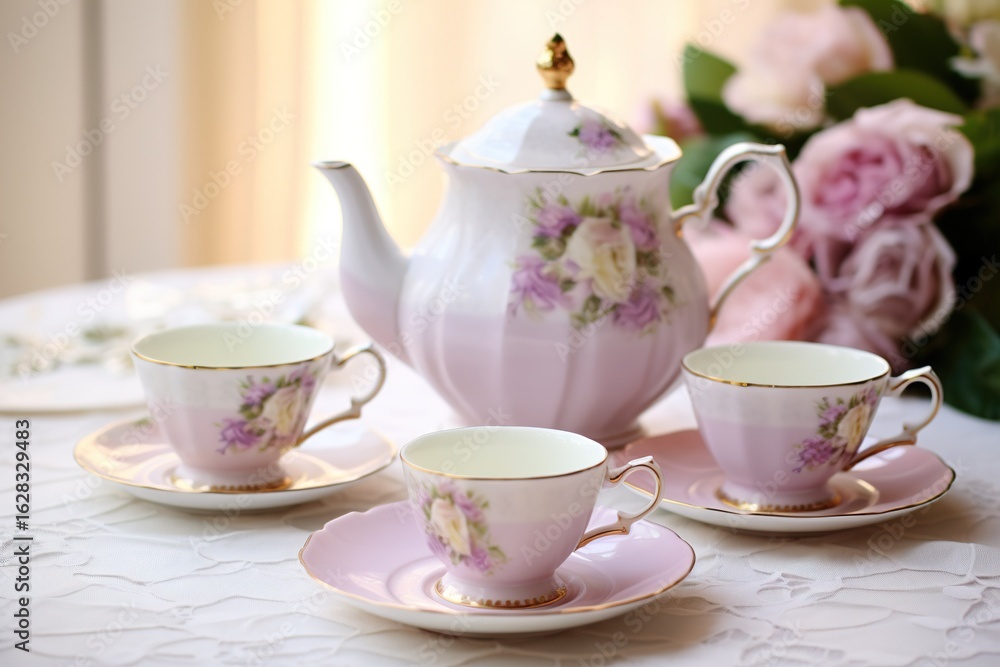 A delicate teapot set on a lace tablecloth with pastel-colored mugs, perfect for a quiet Mother's Day tea ceremony. A delicate teapot set on a lace tablecloth with pastel-colored mugs, perfect for a quiet Mother's Day tea ceremony.