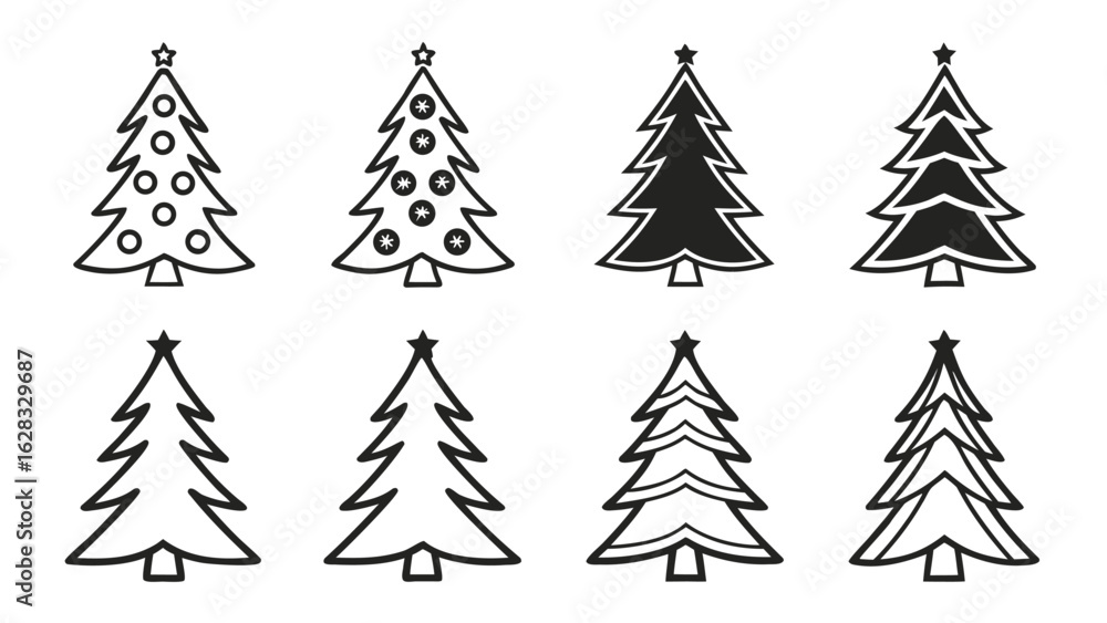 Obraz premium Eight stylized Christmas tree icons; black and white line art; festive, minimalist design; perfect for holiday cards, websites, and social media.