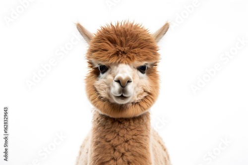 A fluffy brown alpaca with a gentle expression, standing calmly against a pure white background.